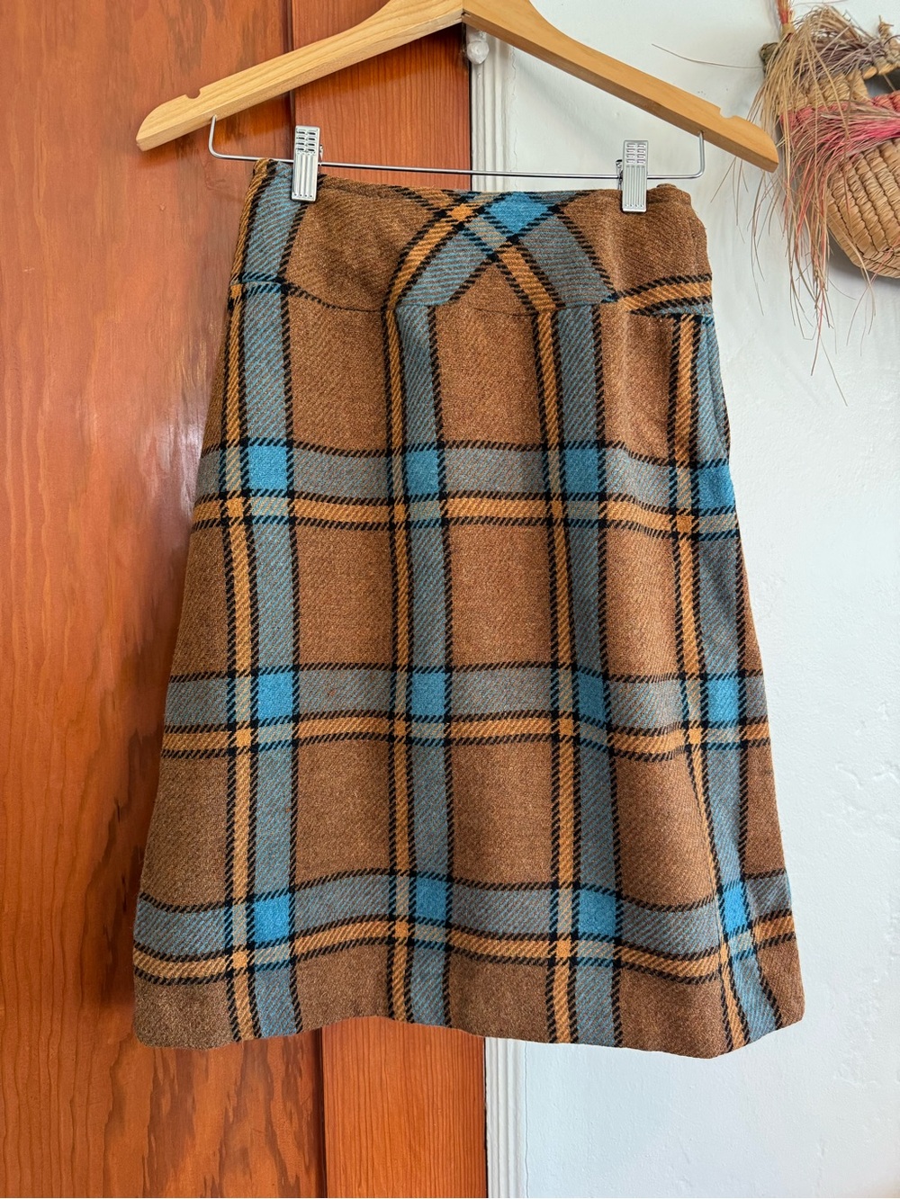 Plaid A-Line Wool Blend Skirt in Brown and Blue